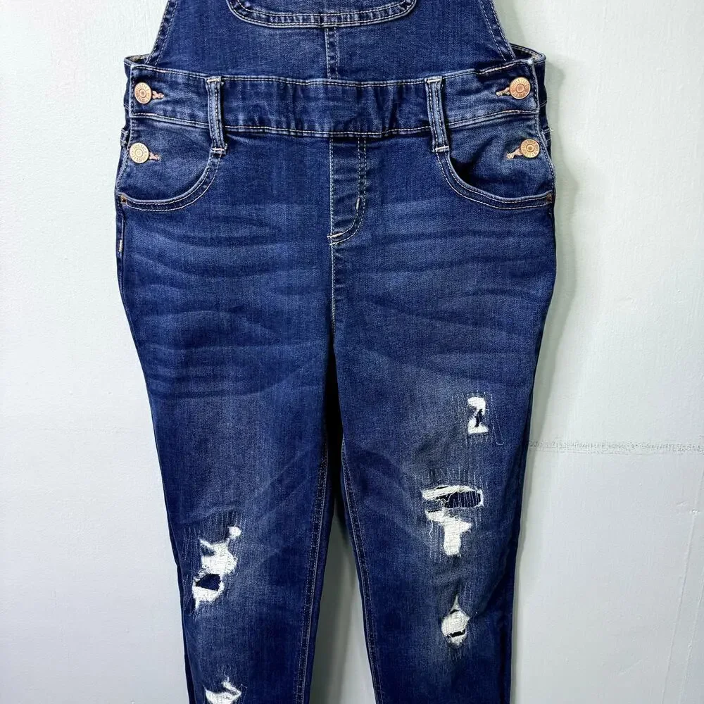 Justice Distressed Dark Wash Denim Bib Overalls Skinny Stretch Girl's Size 16